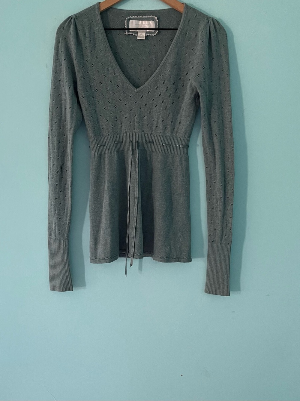 American Eagle Vintage Sage Green Eyelet Sweater S V Neck Soft Knit Babydoll